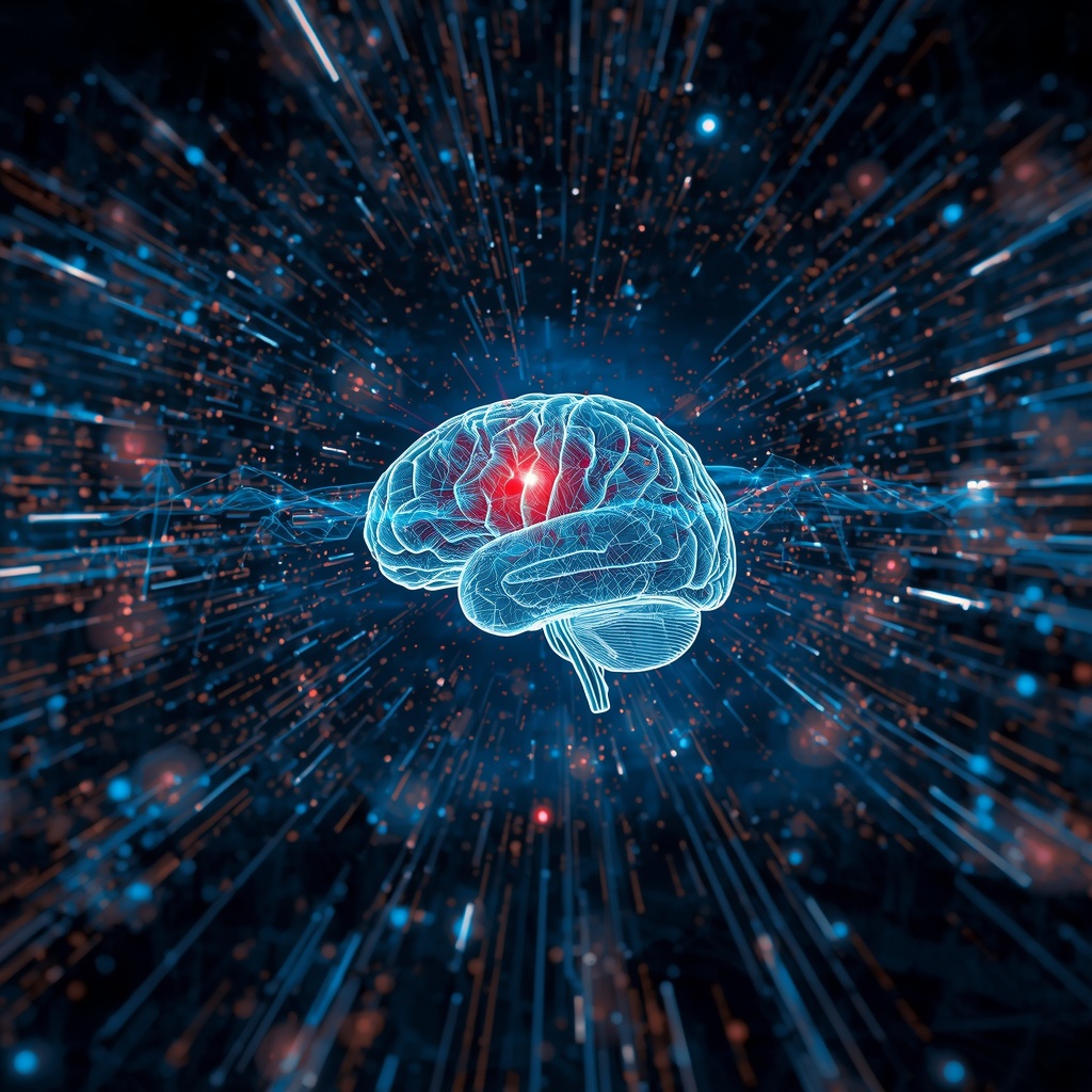 Futuristic laboratory with holographic brain scans and flowing data streams representing machine learning model visualization