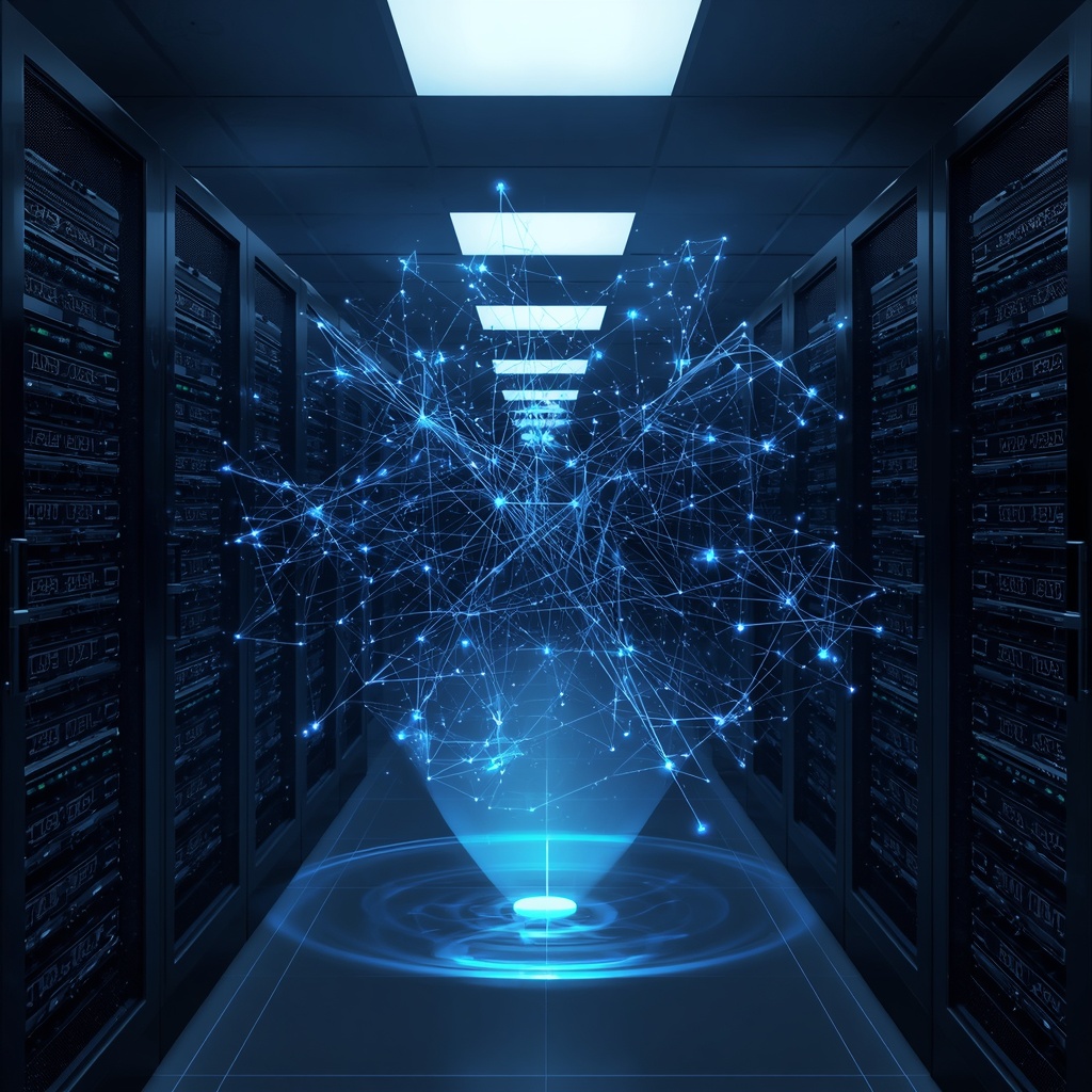 Modern data center with holographic neural network visualization floating above server racks showing interconnected data pathways
